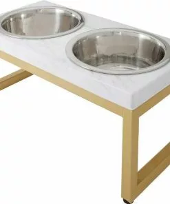 Frisco Plush Pouf Pillow Bed, Large + Marble Print Stainless Steel Double Elevated Dog Bowl, 3 Cups, Gold Stand -The Frisco Store 303534 PT5. SY630 V1625168260