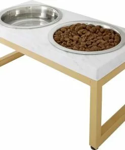 Frisco Plush Pouf Pillow Bed, Large + Marble Print Stainless Steel Double Elevated Dog Bowl, 3 Cups, Gold Stand -The Frisco Store 303534 PT6. SY630 V1625173988