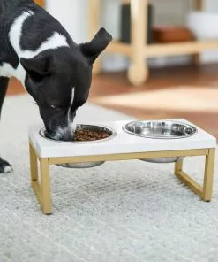 Frisco Plush Pouf Pillow Bed, Large + Marble Print Stainless Steel Double Elevated Dog Bowl, 3 Cups, Gold Stand -The Frisco Store 303534 PT8. SY630 V1625176784