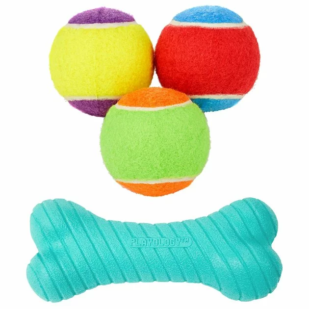 Frisco||Playology Frisco Fetch Squeaking Colorful Tennis Ball, 3-Pack + Playology All Natural Dual Layer Bone Dog Toy, Large, Peanut Butter Scented 3 Frisco||Playology Frisco Fetch Squeaking Colorful Tennis Ball, 3-Pack + Playology All Natural Dual Layer Bone Dog Toy, Large, Peanut Butter Scented
