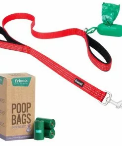 Frisco Traffic Leash with Padded Handles & Poop Bag Dispenser, Red, Length: 4-ft, Width: 1-in + Refill Dog Poop Bags, Scented, 120 count